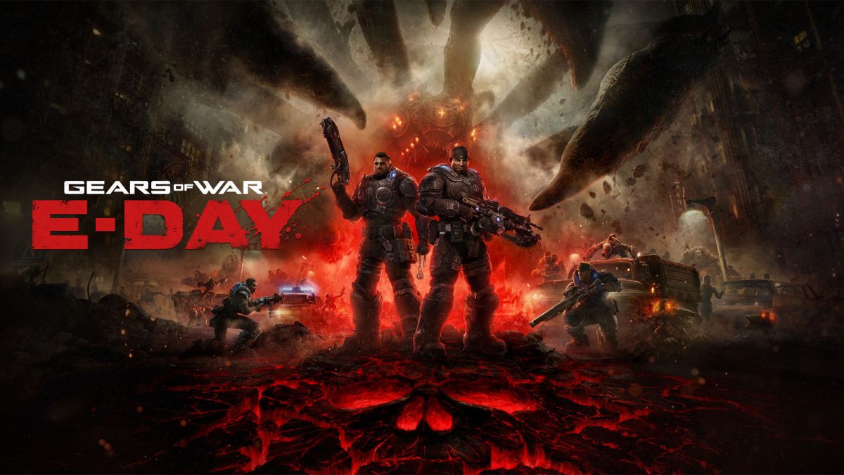 Marcus Fenix and Dominic Santiago stand before a burning city and a towering Locust creature in Gears of War: E-Day key art.