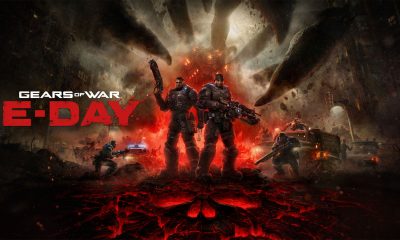 Marcus Fenix and Dominic Santiago stand before a burning city and a towering Locust creature in Gears of War: E-Day key art.