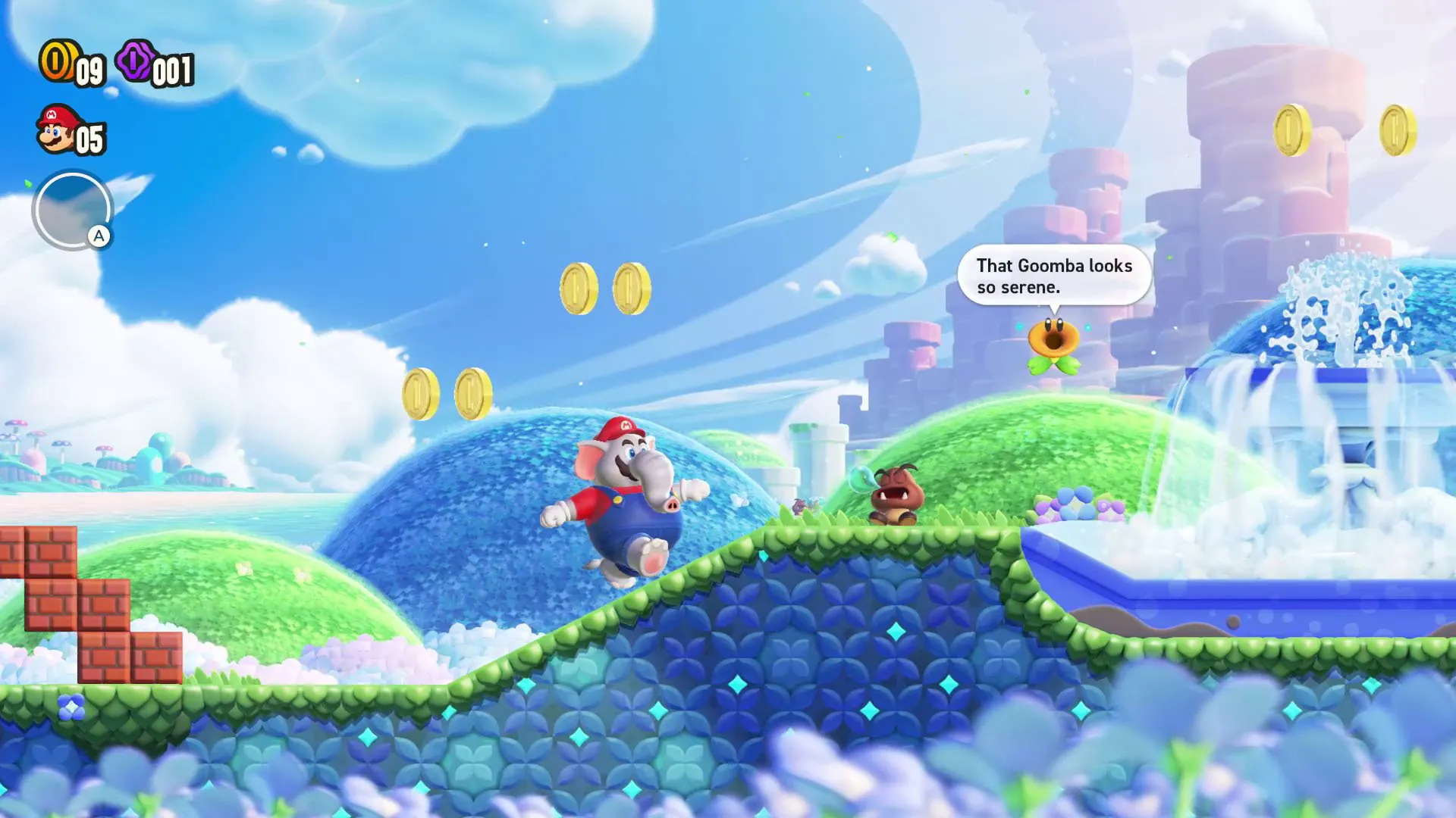 Elephant Mario ascending a hill in Super Mario Wonder