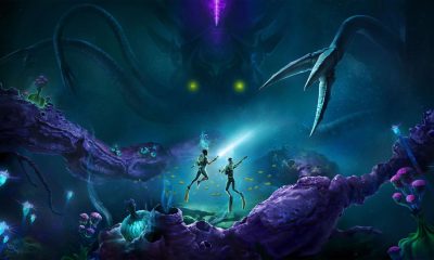 Two deep sea divers exploring vast ocean