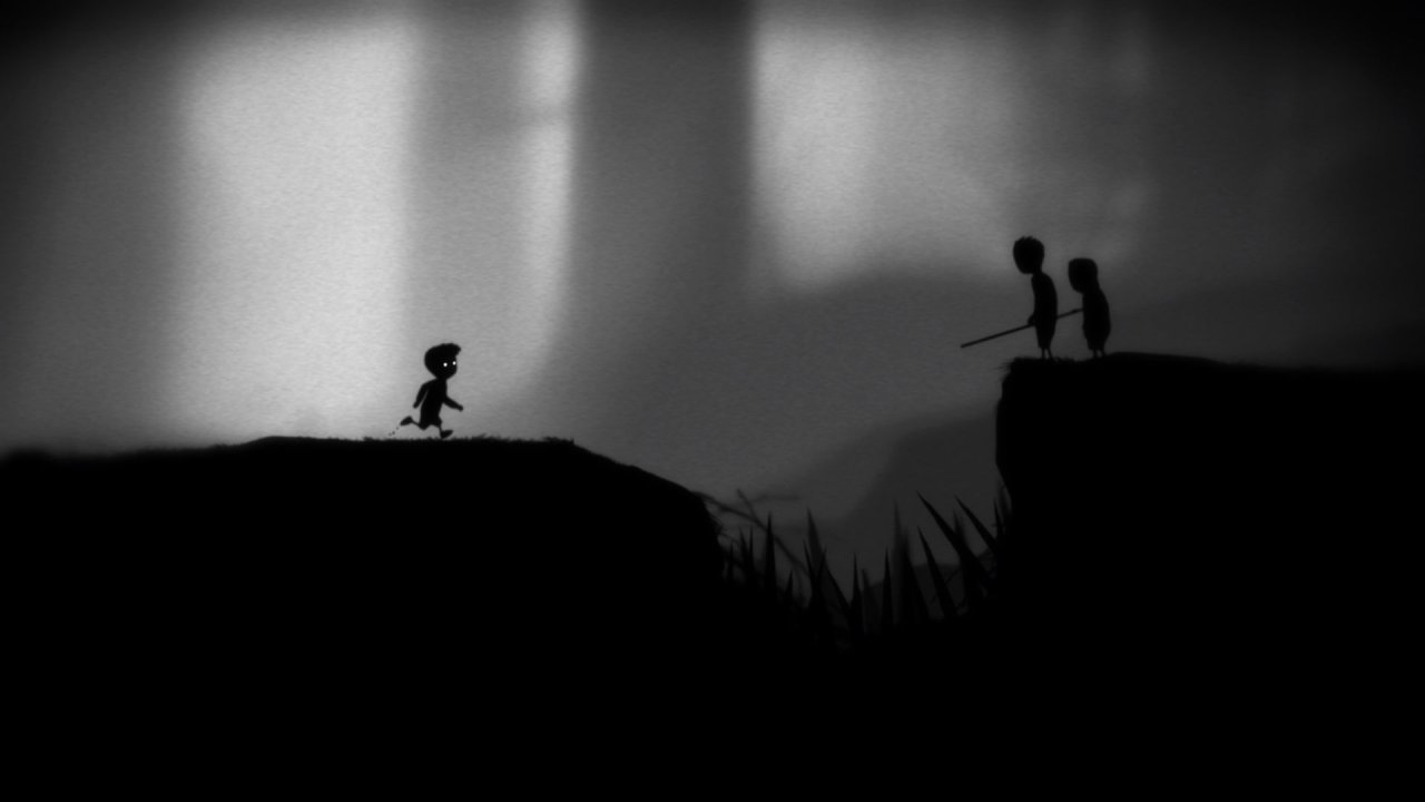 Silhouetted child approaching armed figures