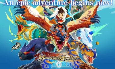 A massively bright logo of Monster Hunter Stories characters atop a winged Monster.