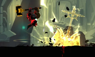 Hack and Slash Mobile Game's Red knight, shattered monument, intense battle with glowing effects