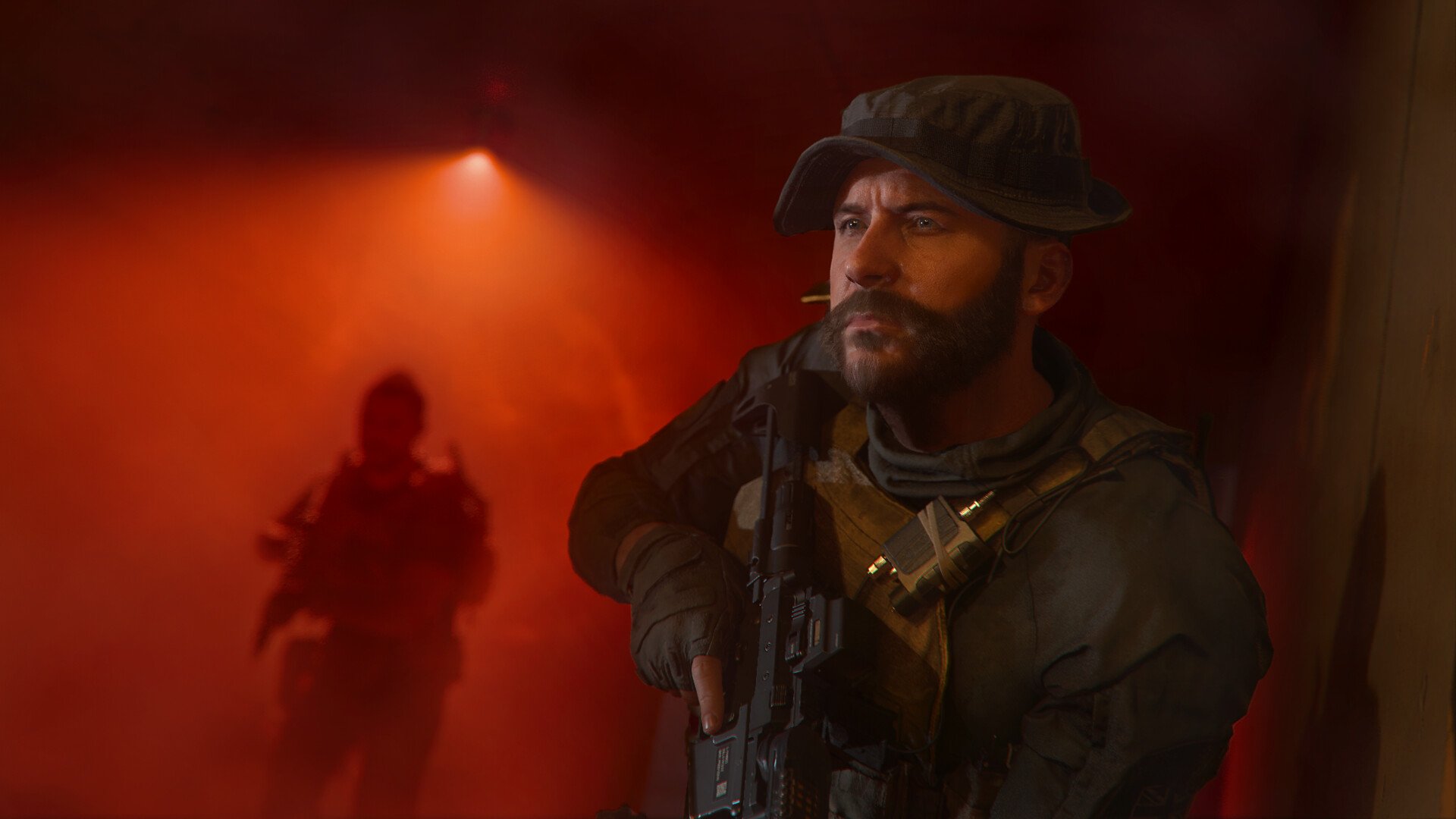 Modern Warfare III characters with weapons under red lighting.