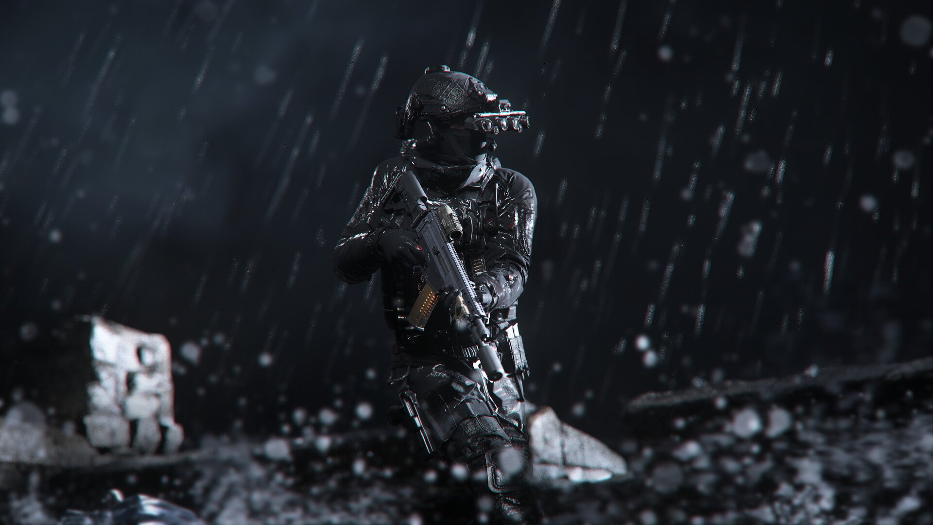 Soldier stands in the rain in Call of Duty: Modern Warfare 3