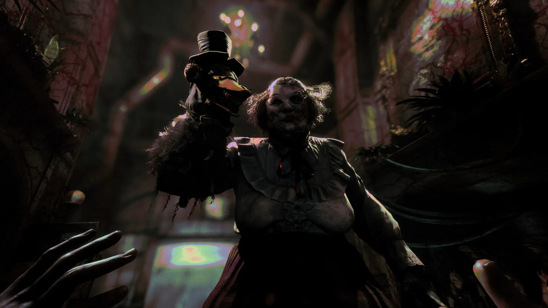 An unhinged and bloody female puppeteer displays her puppet in The Outlast Trials