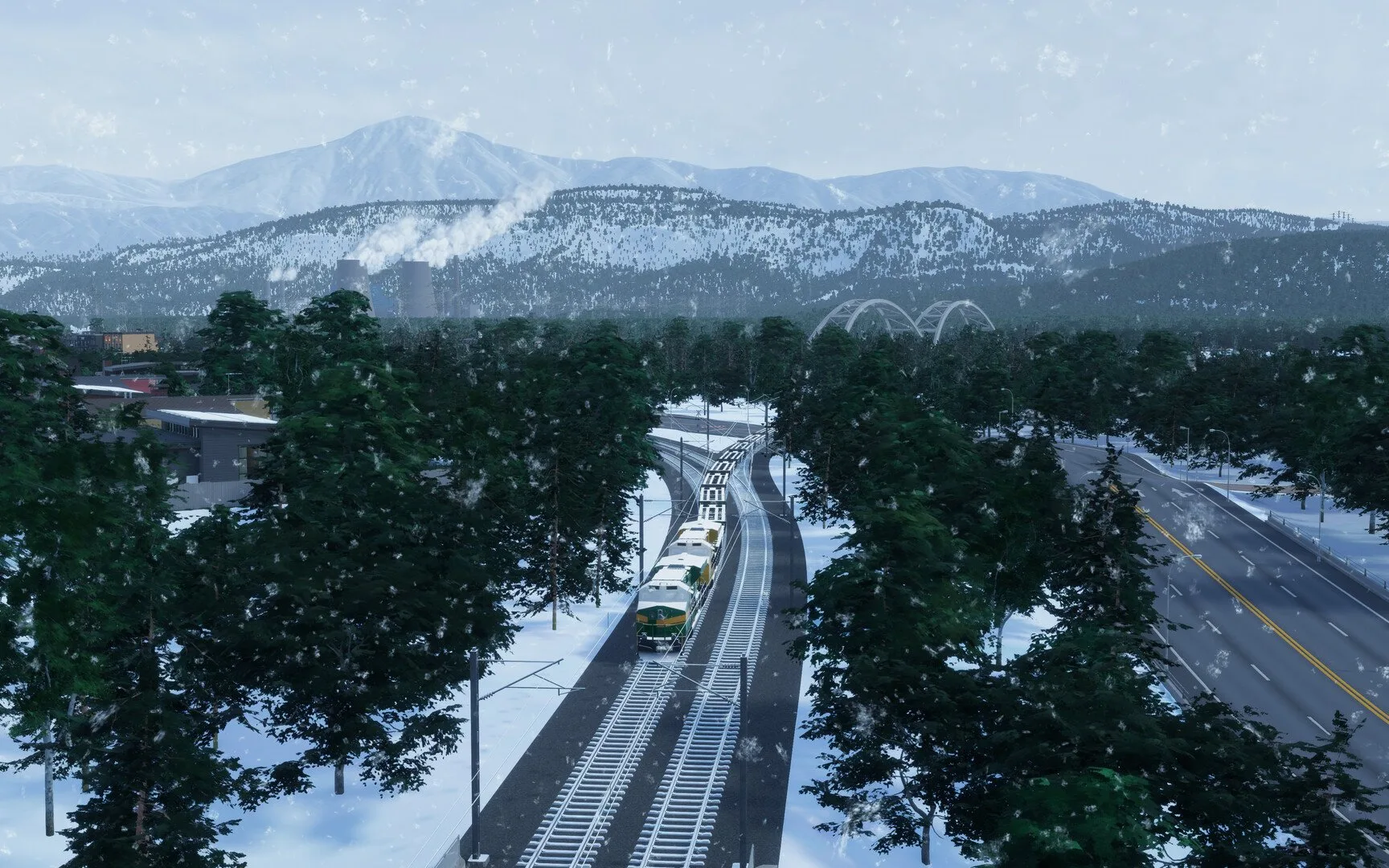 Cities: Skylines 2 panorama of snowy hills and train track