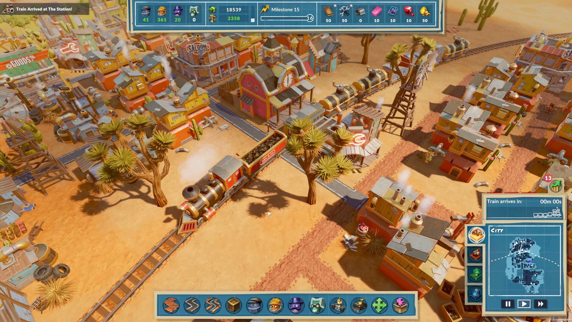 Overhead view of train and city in SteamWorld Build
