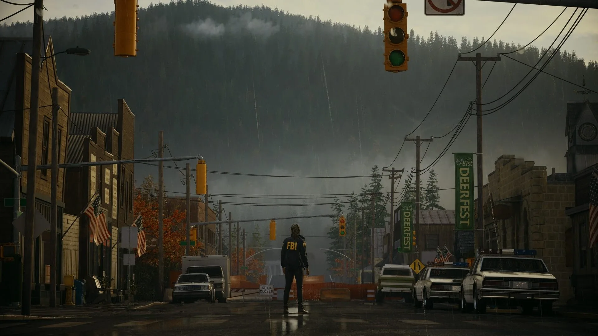 Saga Anderson standing at Bright Falls crossroads in Alan Wake 2