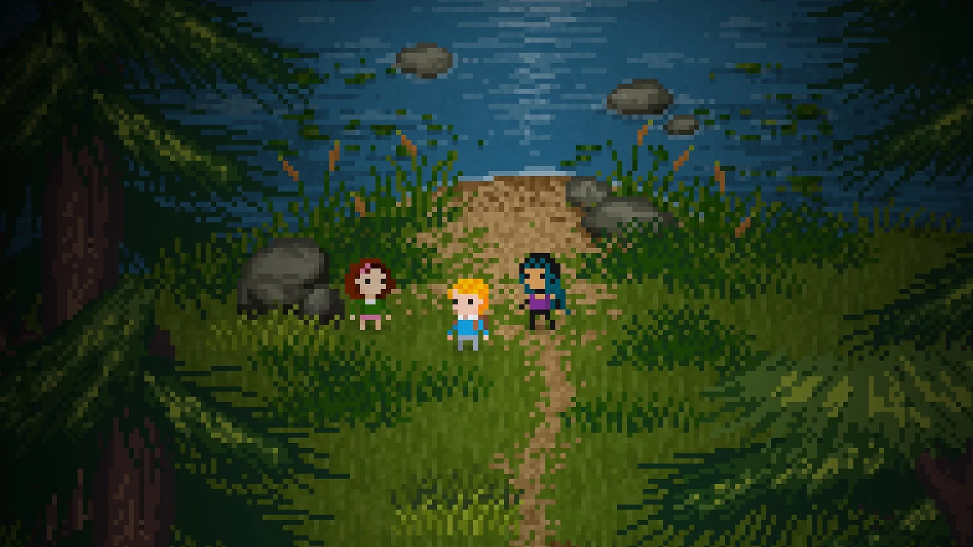 Characters standing by a lake in upcoming Horror RPG Catechesis.