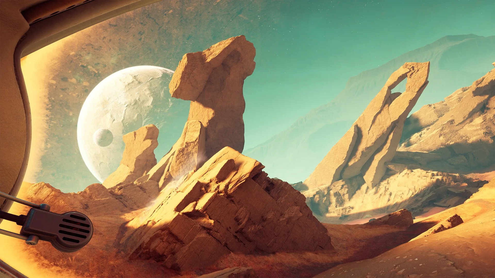 A rocky terrain with a moon in the background in sci-fi game The Invincible.