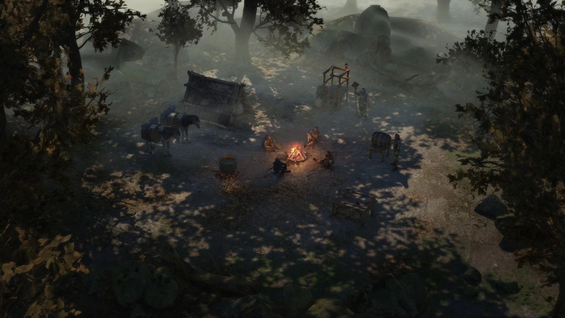 Mercenaries gathered around a campfire in Wartales. 