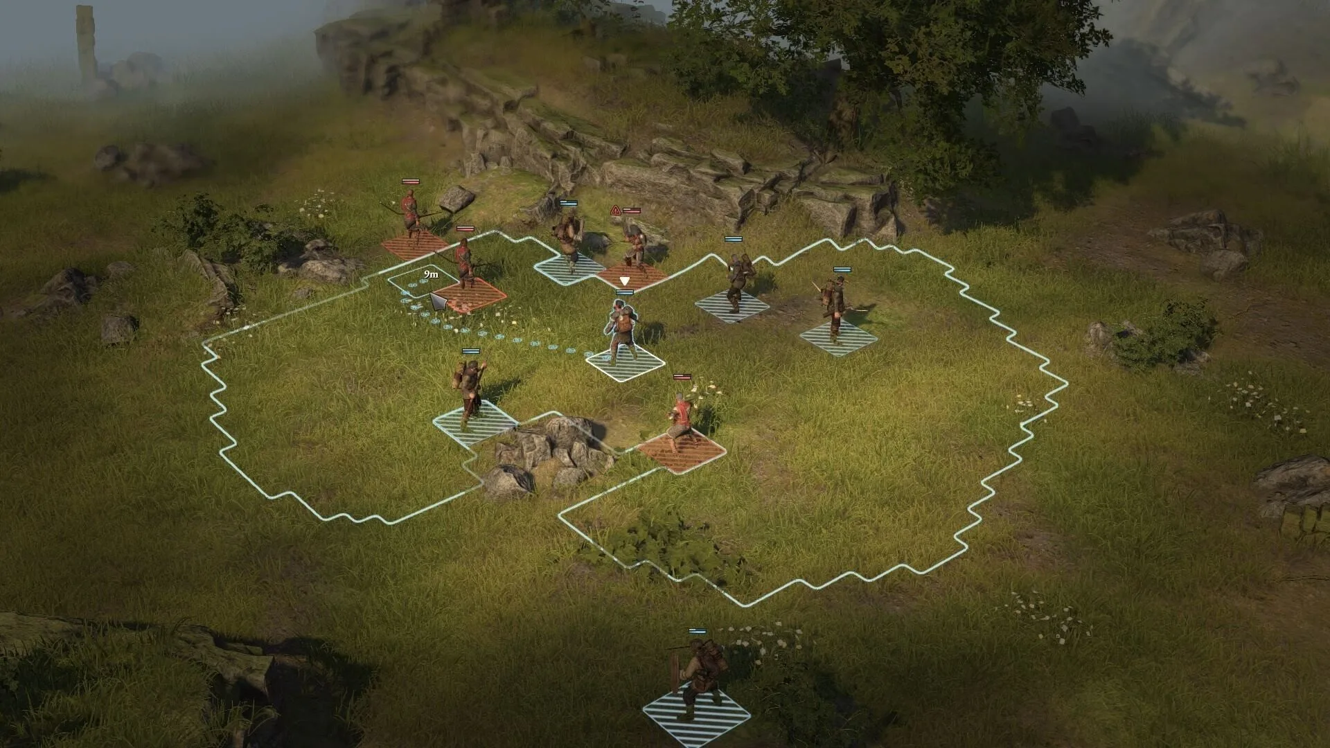 Tile-based tactical combat in a green meadow in Wartales.