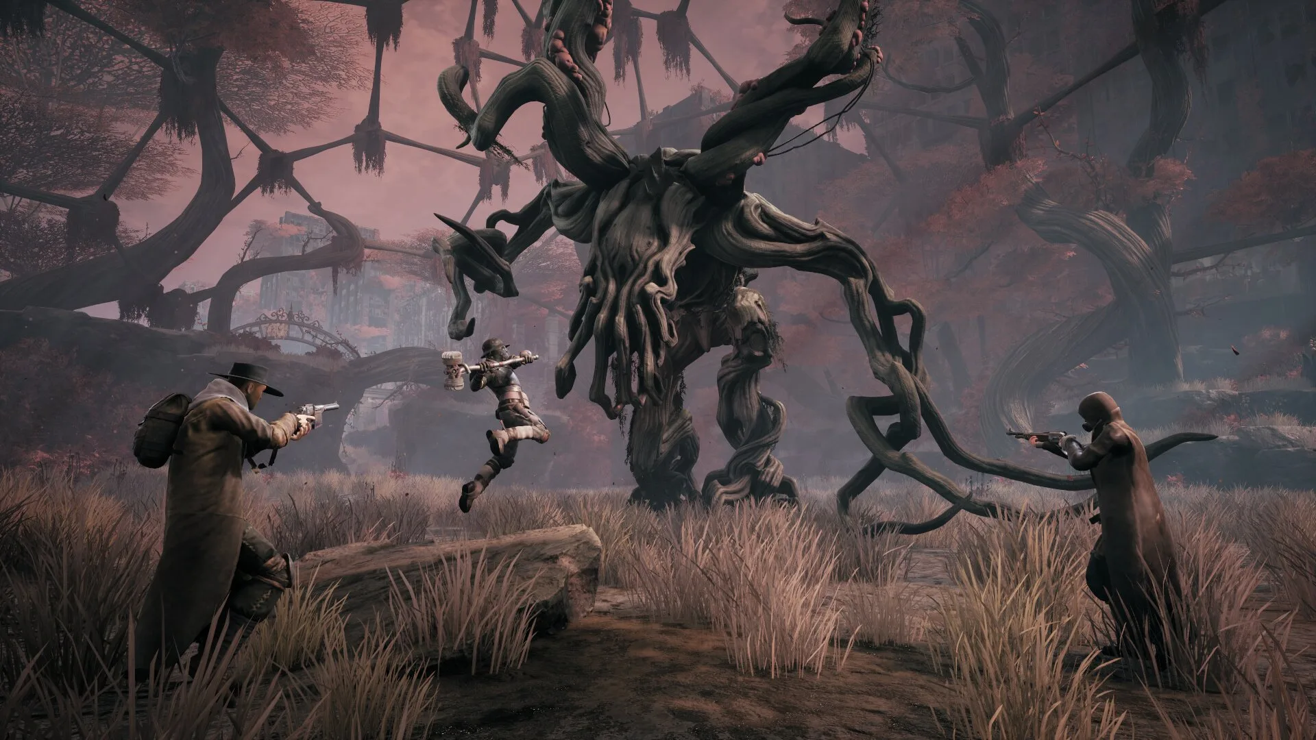 A group battles a huge, ominous tree creature