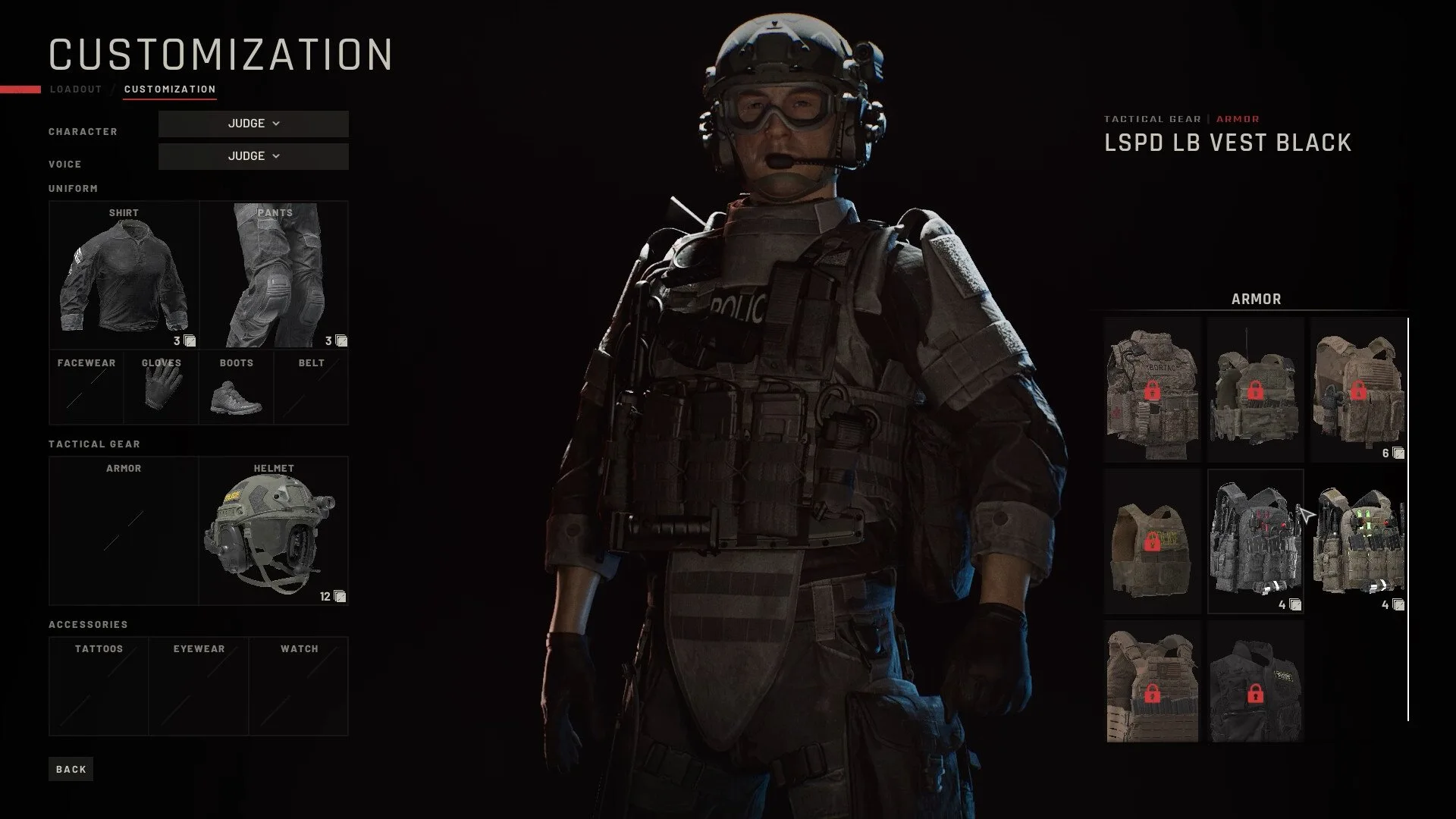 Charakter-Loadout-Bildschirm im Taktik-Shooter „Ready or Not“.