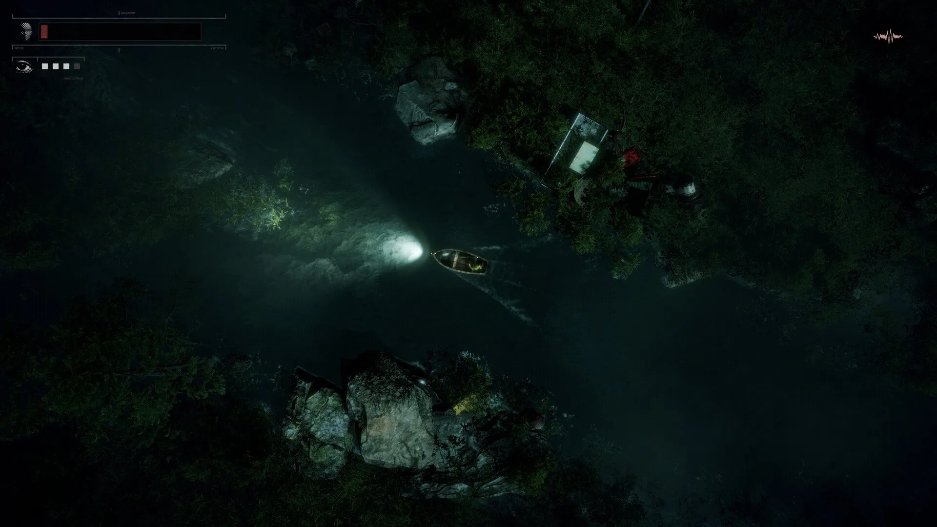 Top-down view of dark river in Drowned Lake