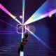 Running through neon colored lights in On-Rails Shooter Rez Infinite.