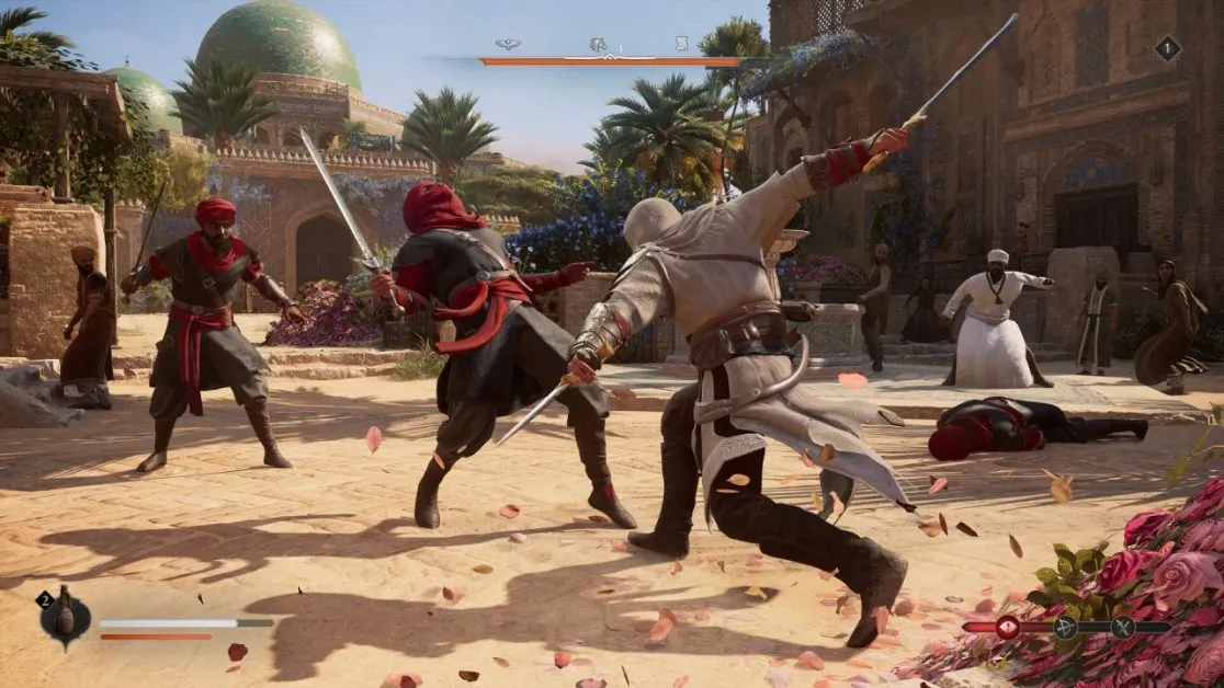 Assassin fights enemies in a desert city