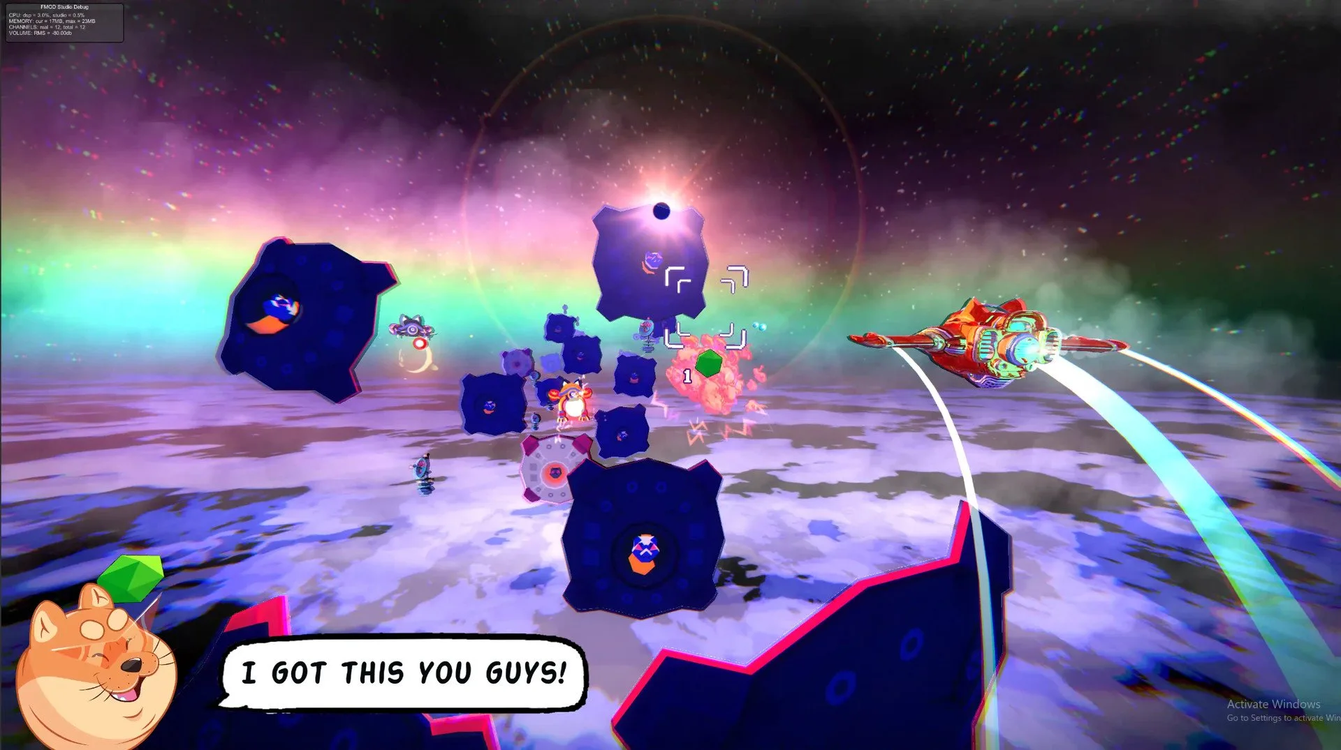 Flying through space in On-Rails Shooter Astrodogs. 