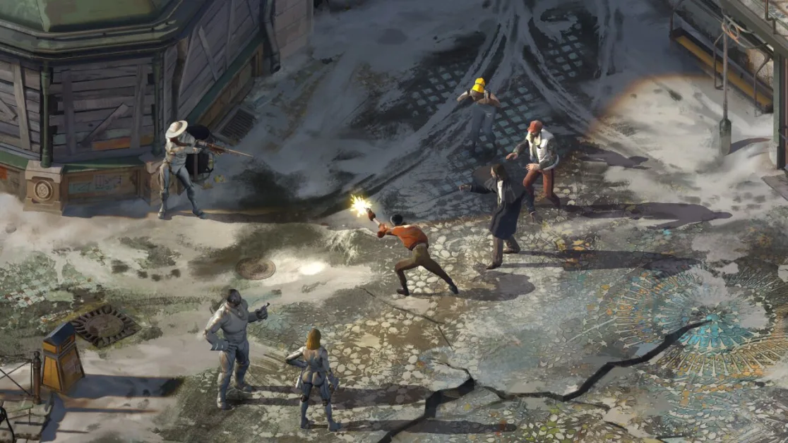 Characters engage in conflict, snowy setting depicted