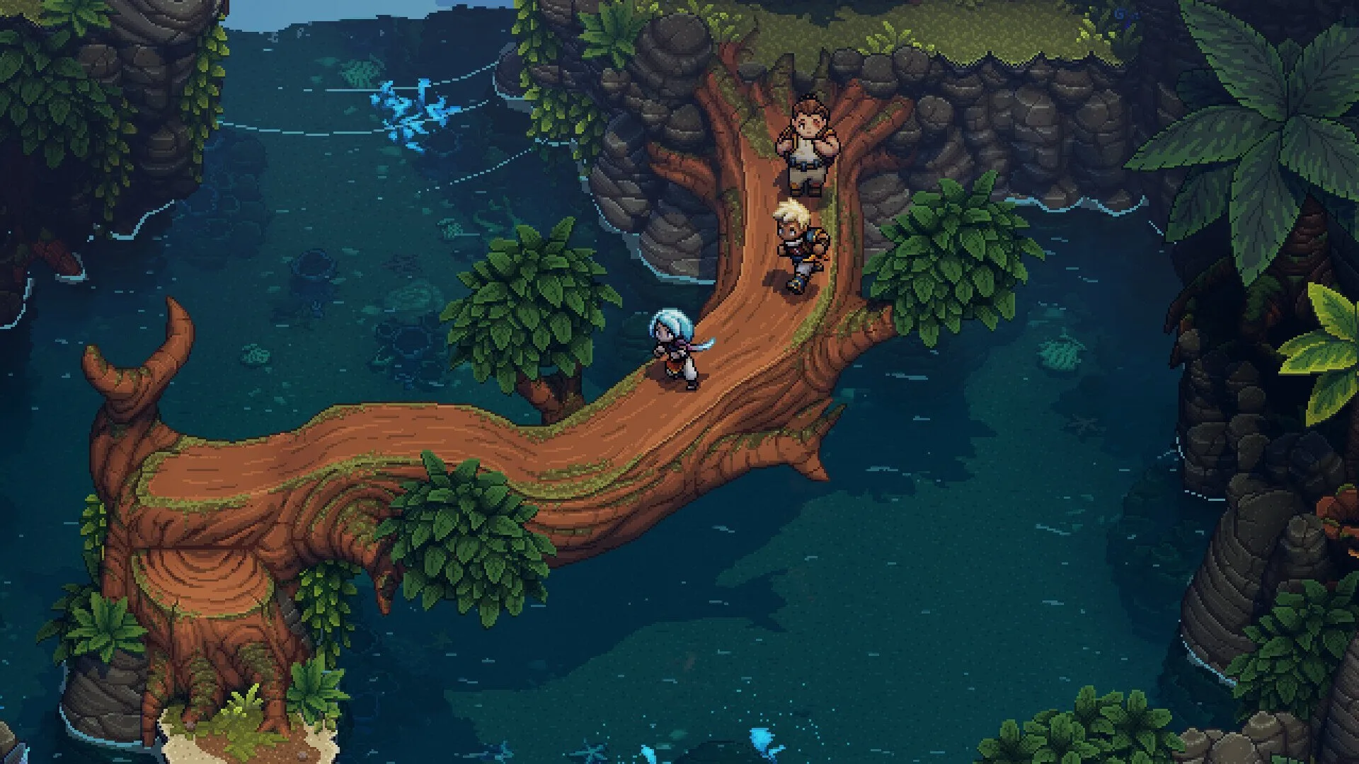 Pixelated bridge over water in a game like Atlas Wept