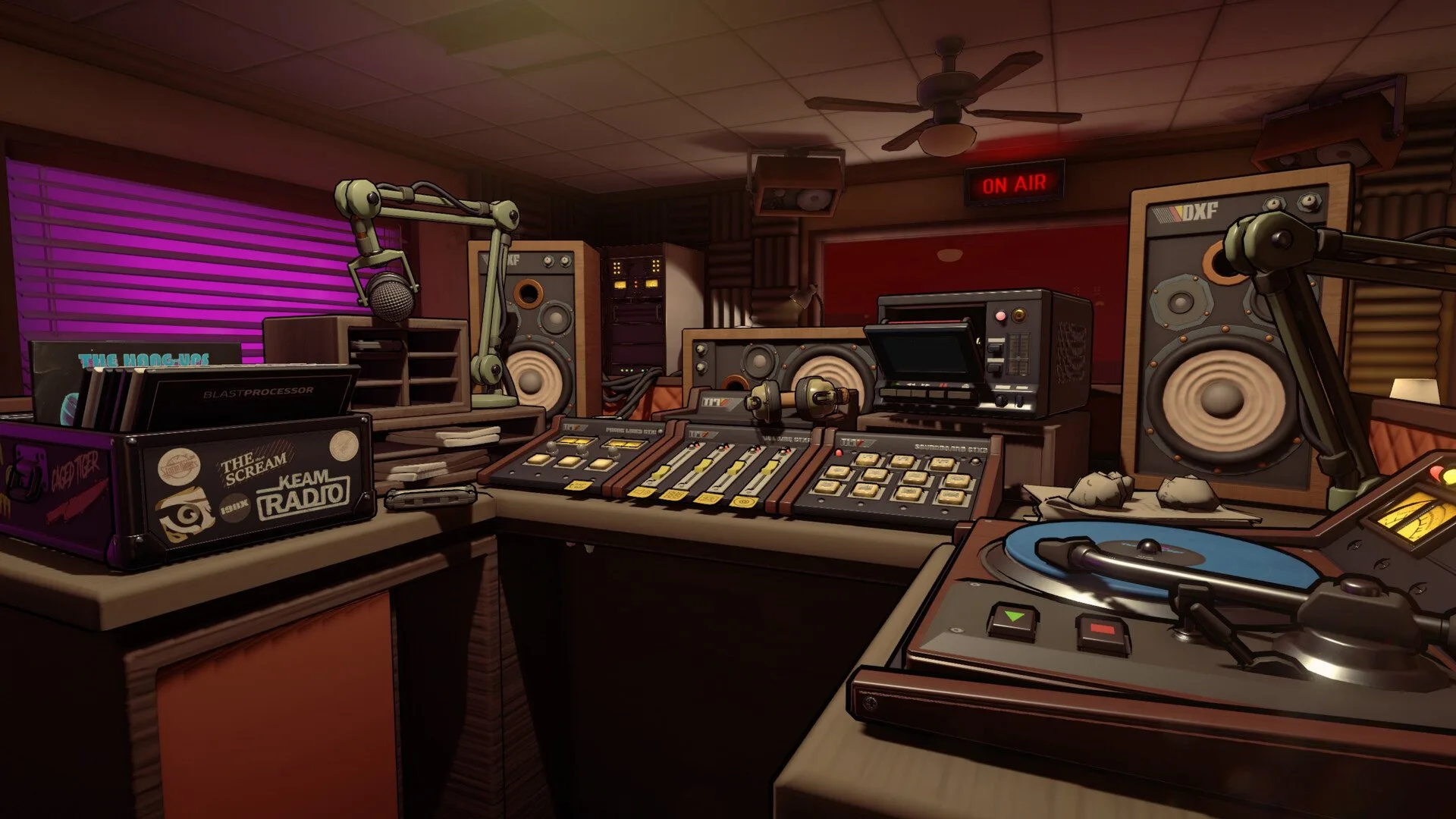 A music engineer room complete with soundboard in Horror Walking Simulator Killer Frequency.