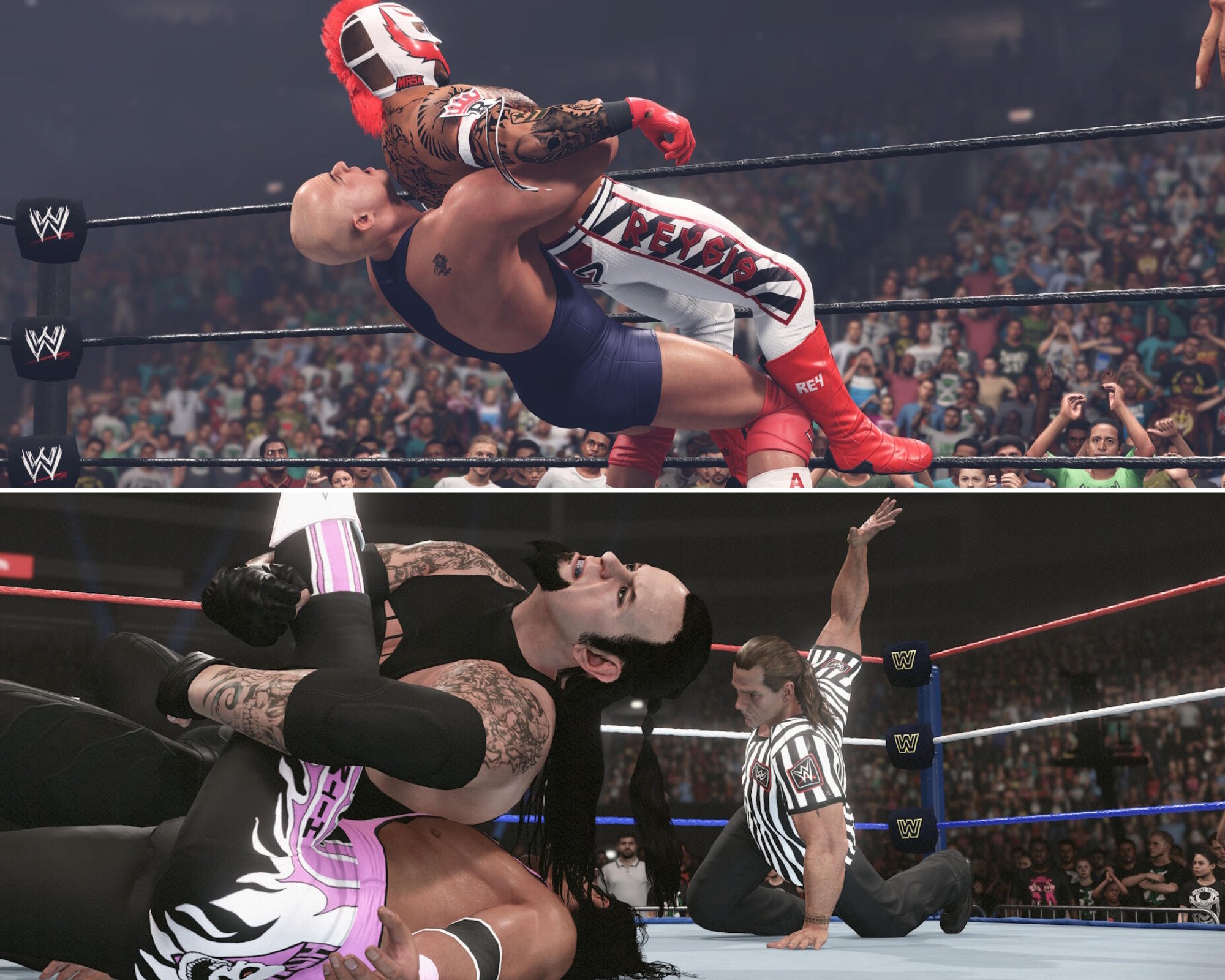 Wrestler Kurt angle body slamming Ray Misterio and Undertaker pinning down his opponent