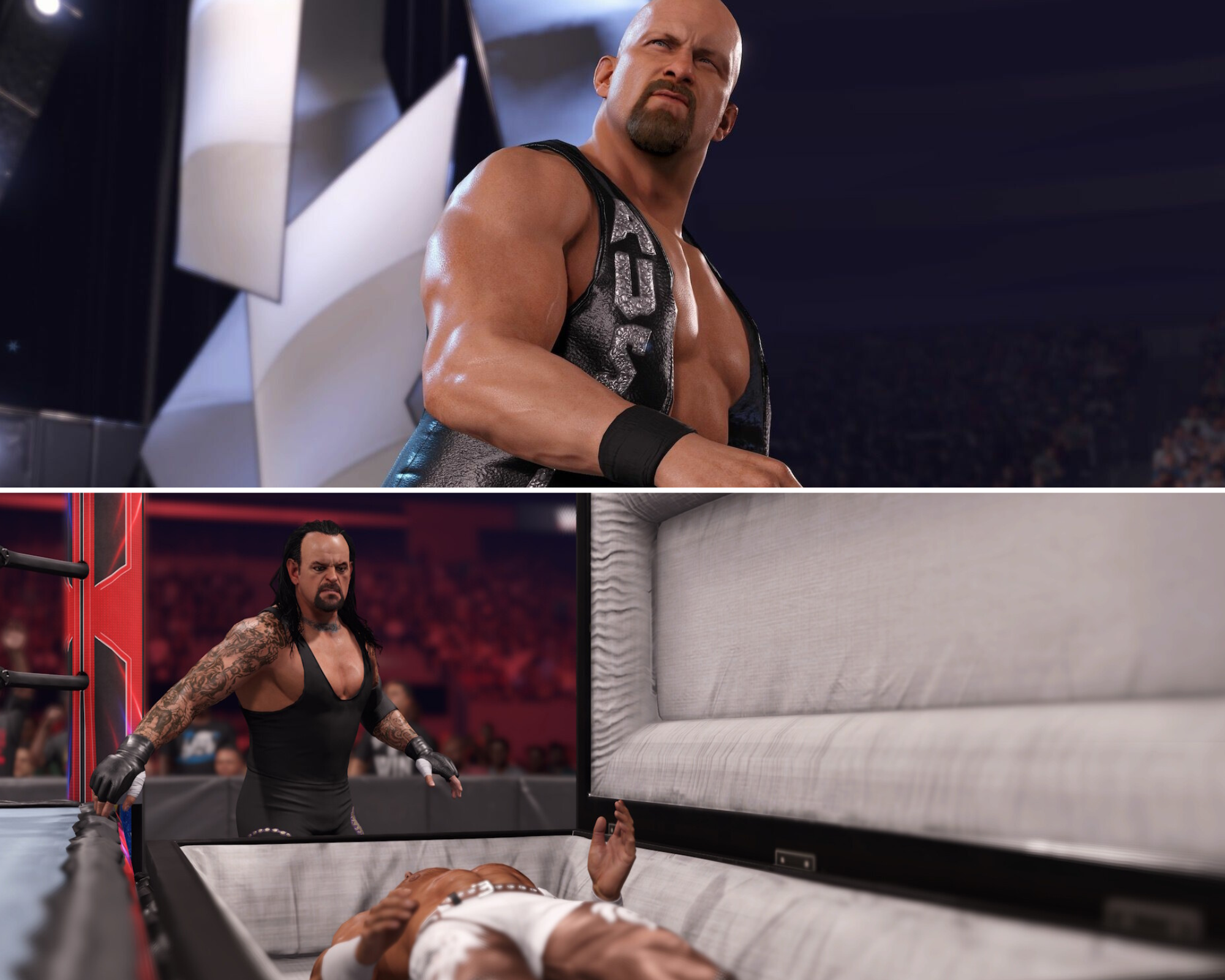 Stone Cold Steve Austin on upper photo and undertaker watching wrestler in a casket 