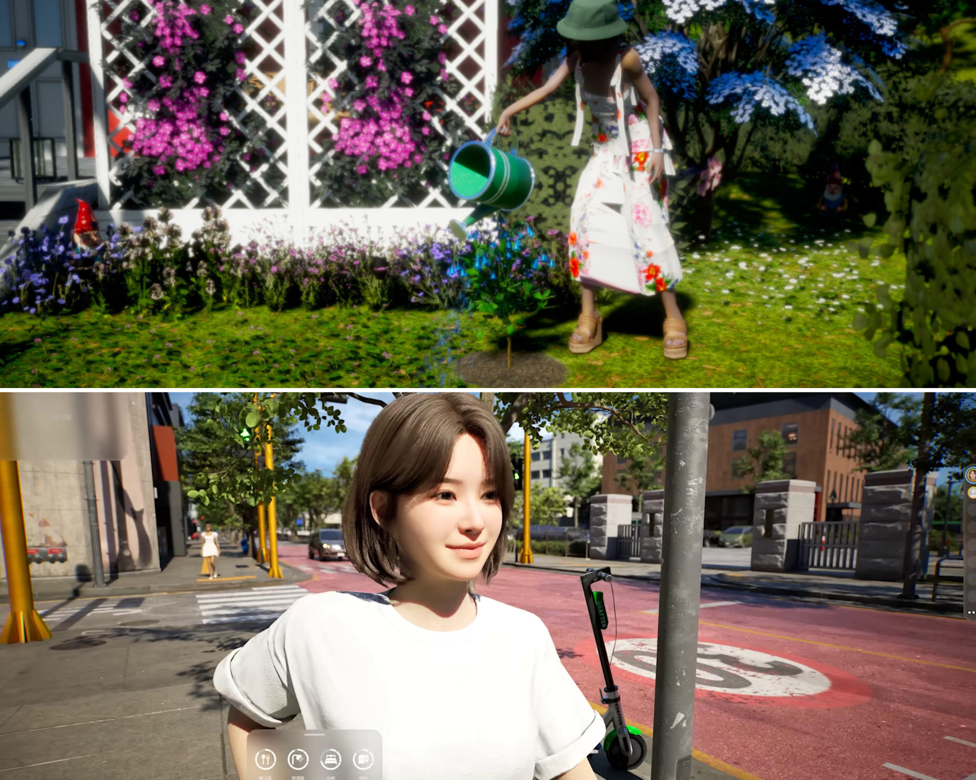 two photo collaged together, one sim lady watering plants and sim lady walking in Life by You Vs InZOI