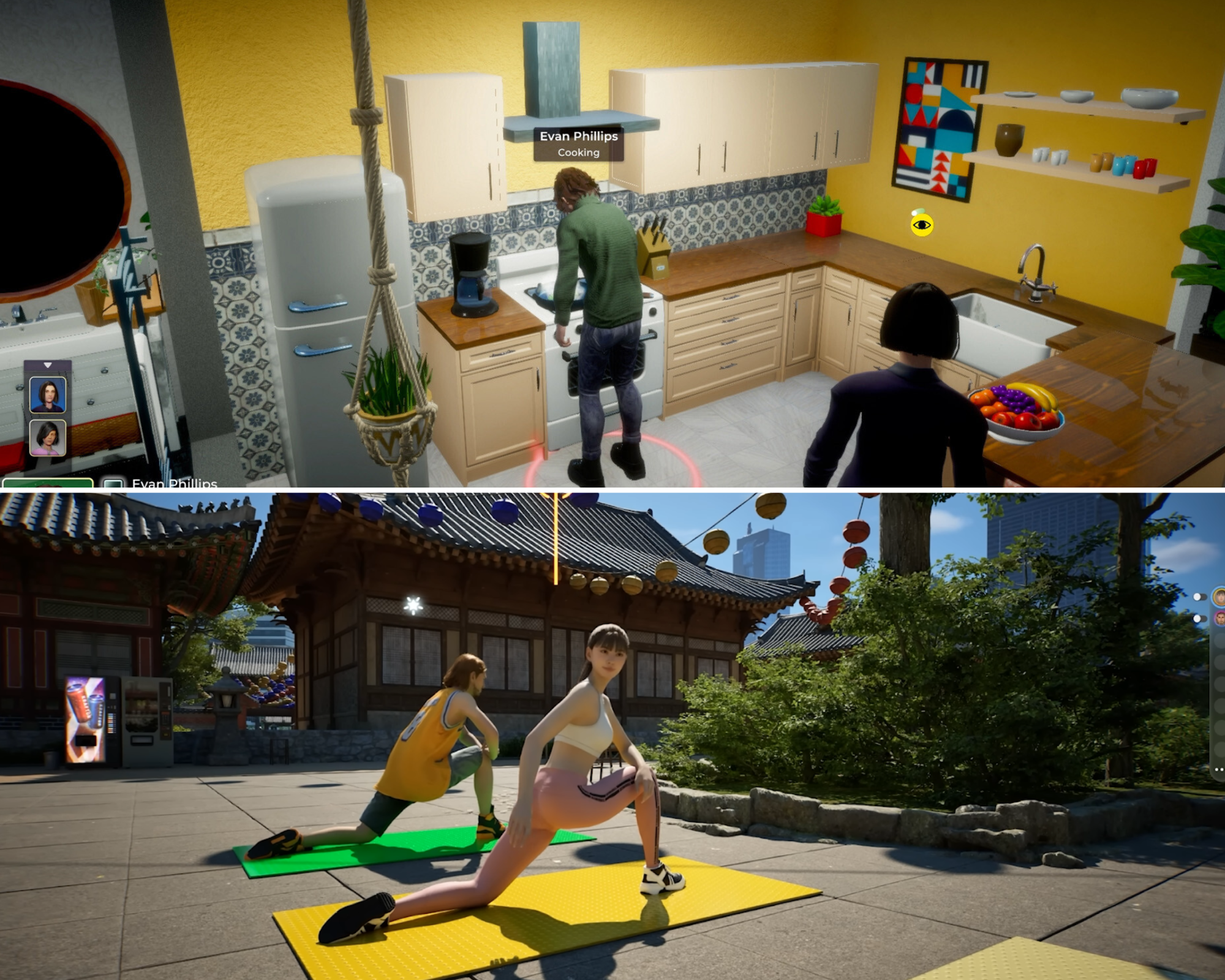 sims in the kitchen vs sims doing stretches outside