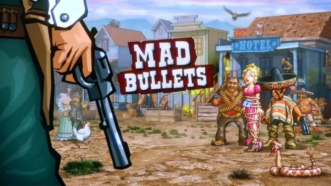 Pertarungan dalam On-Rails Shooter Mad Bullets yang terinspirasi dari Barat.