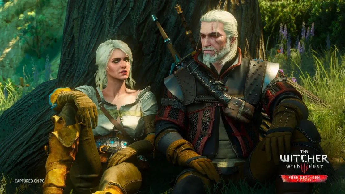 Geralt and Ciri sit under a tree