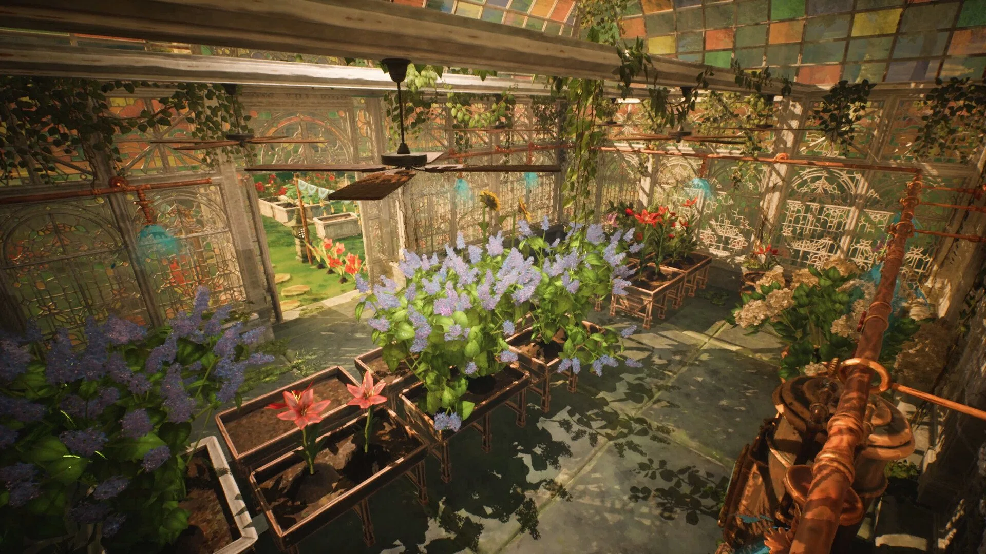 Un invernadero prístino en Garden Life: A Cozy Simulator.