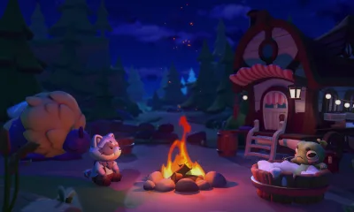 Campfire setting at night in Cozy Caravan