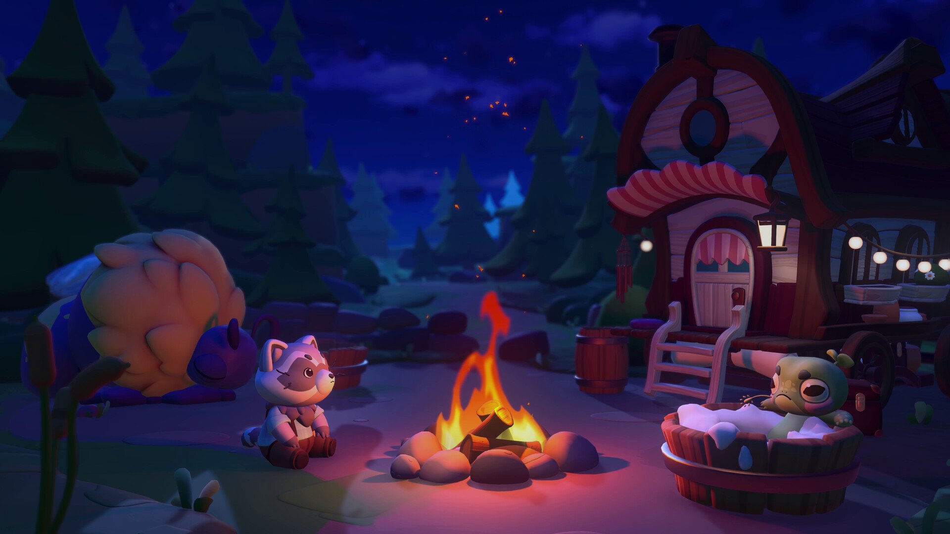 Feu de camp la nuit dans Cosy Caravan