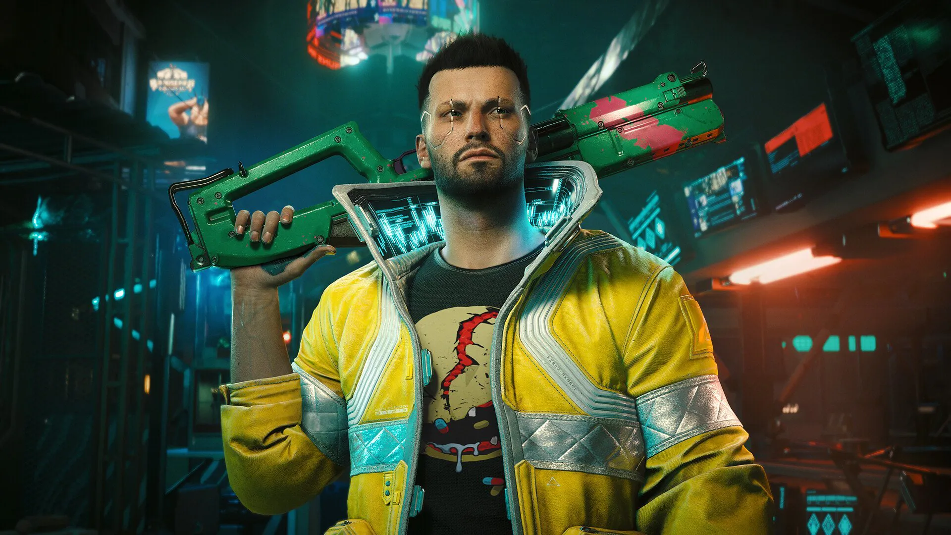Cyberpunk mercenary holding futuristic green weapon in PC game