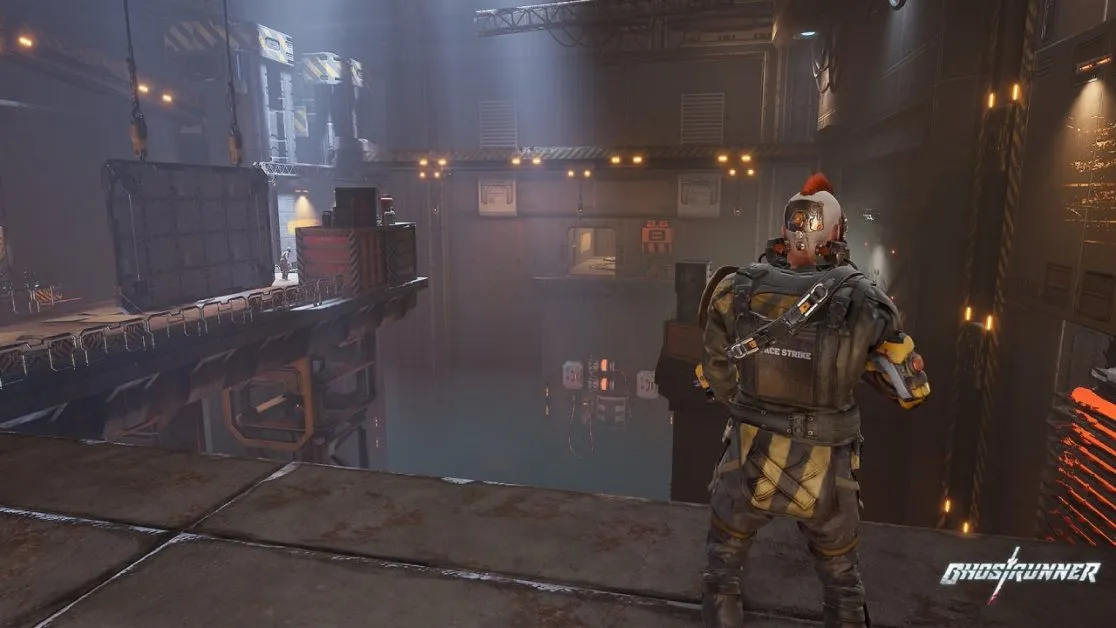 Cybernetic warrior overlooking industrial platform