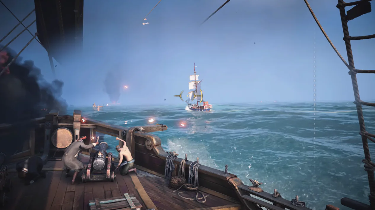 Pirates shooting other pirate ships with cannon