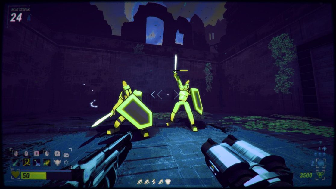 Neon knights in a dark ruined arena