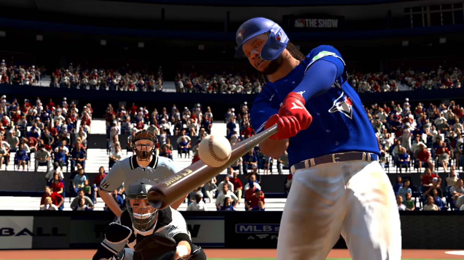 speler die basbal raakt met knuppel MLB The Show 24