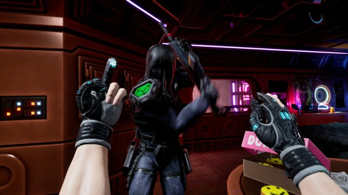 First-person combat inside neon-lit spaceship