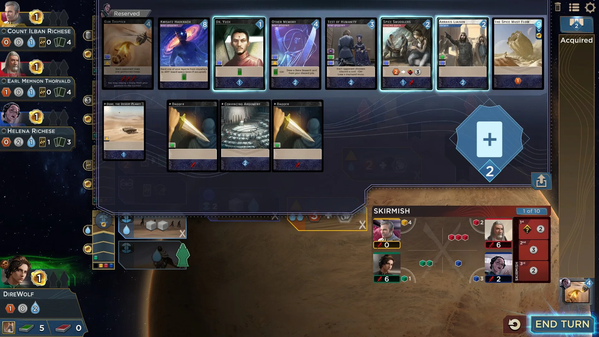 Battling Opponents in deckbuilding strategy game Dune Imperium.