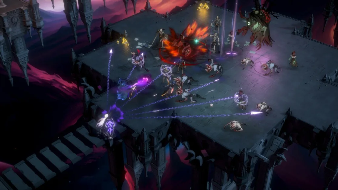 Mystical auto battler depicts heroes clashing on floating ruins in game like Backpack Battles