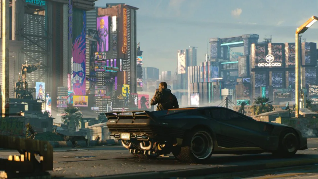 Man overlooks futuristic city with car