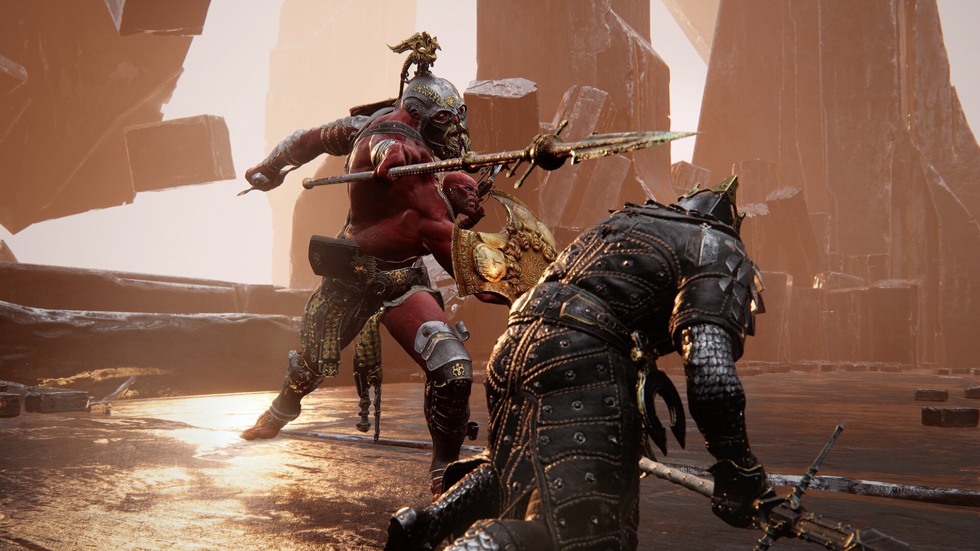 Two warriors engage in intense combat in a game like Black Myth: Wukong