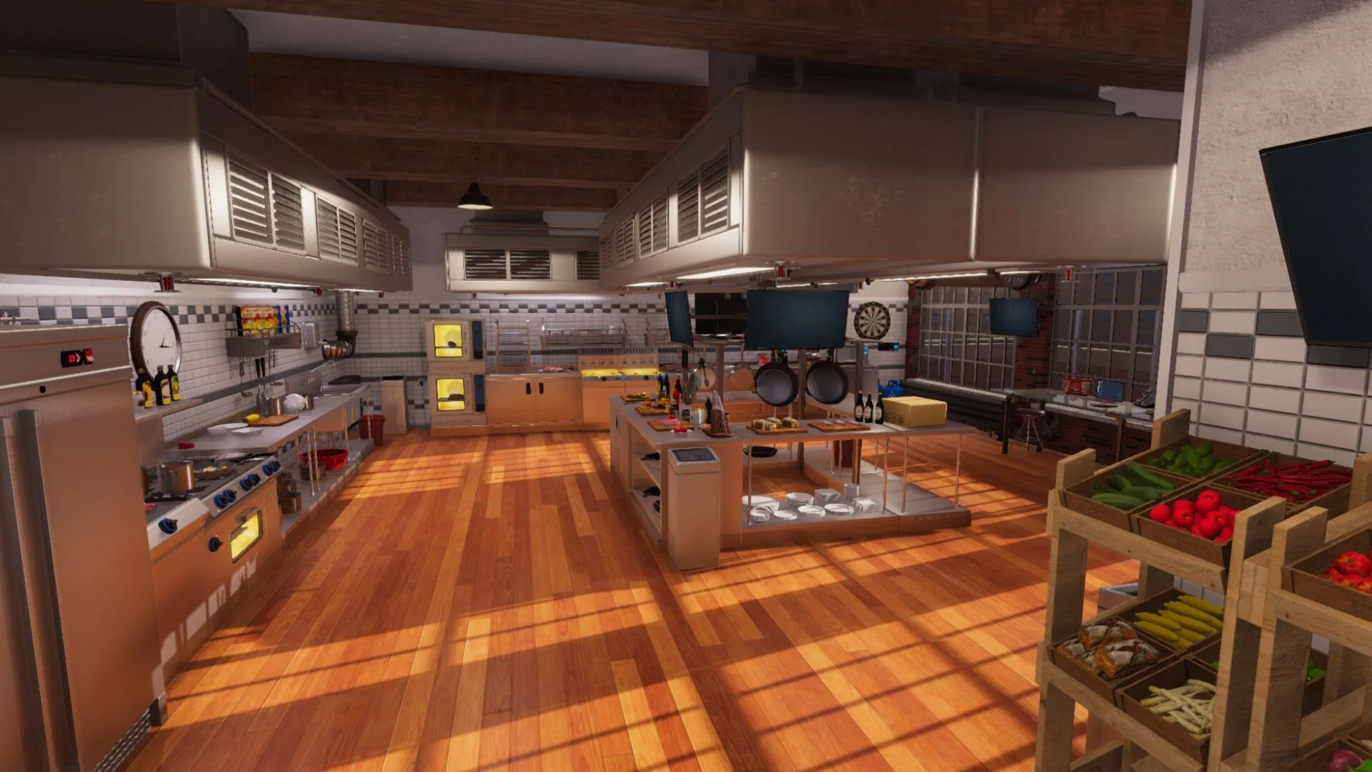 Industrial kitchen setting from a game like Supermarket Simulator