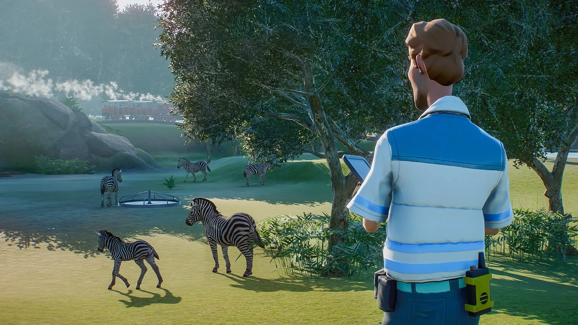 Player observes zebras in Planet Zoo