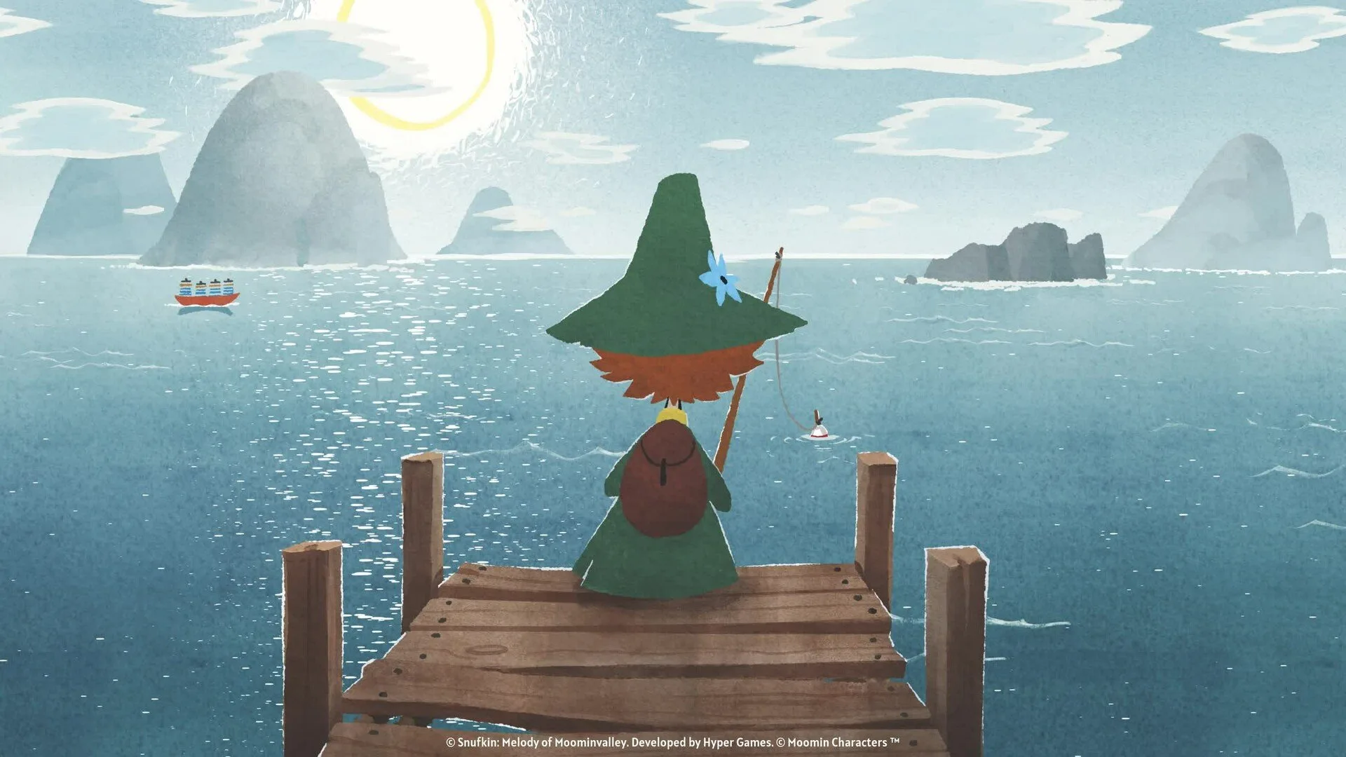 《姆明谷的 Snufkin Melody》中的一个奇幻角色在码头钓鱼。