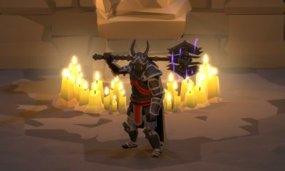 Un personnage blindé dans Stolen Realm avec une hache de combat violette brillante.