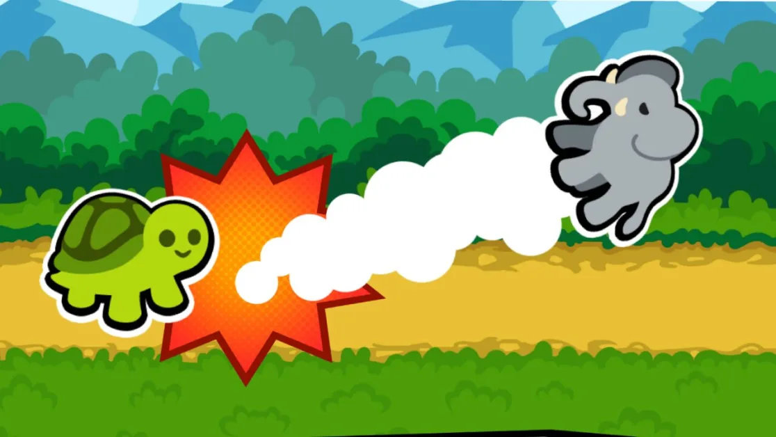 Turtle blasts cloud at elephant in playful game scene